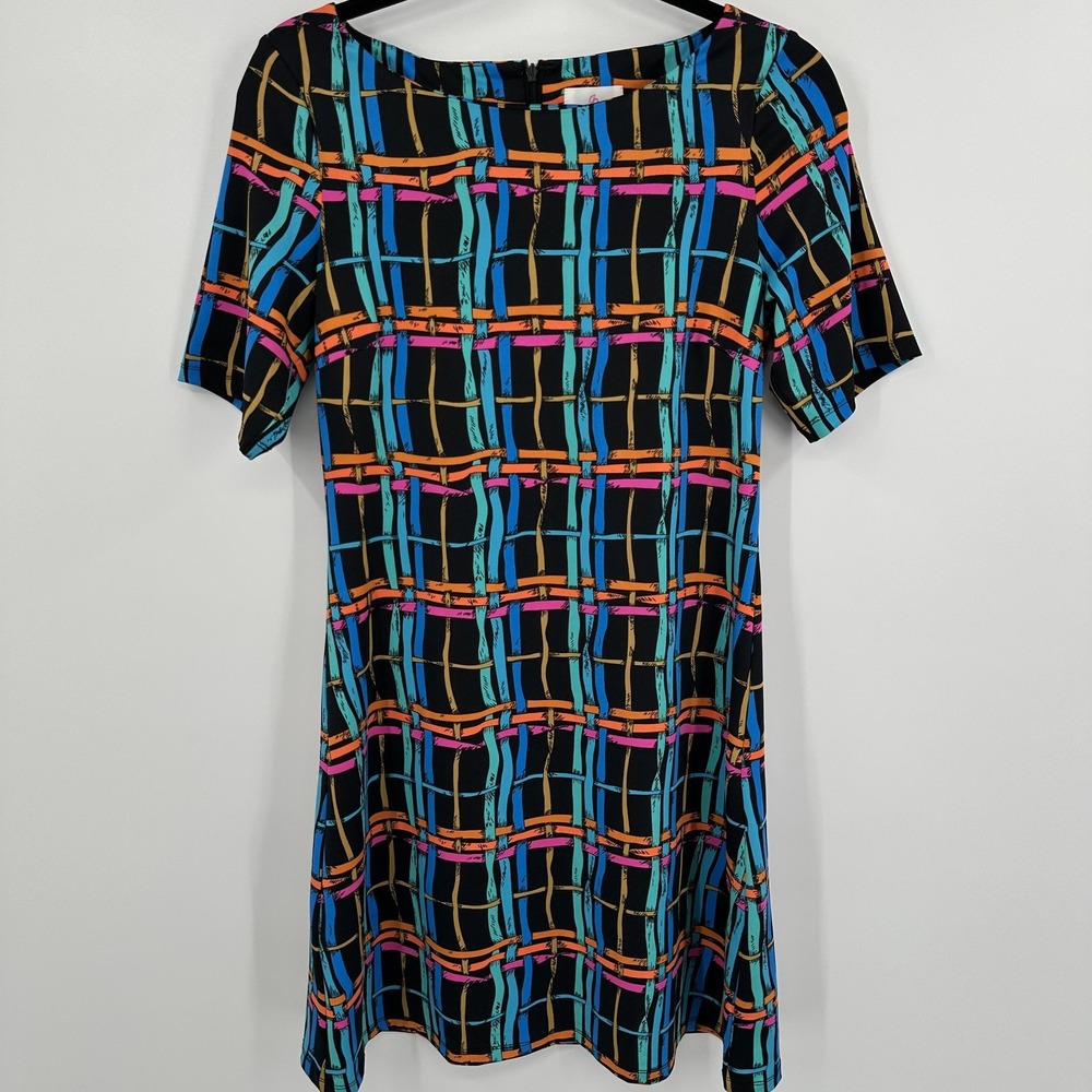Julie Brown Dress Womens Small Multicolor Geometric Print Short Sleeve Retro NYC